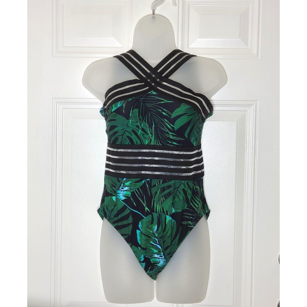Hilor NWT Monokini Size M One Piece Swimwear Crossover Front Black Green Leaves